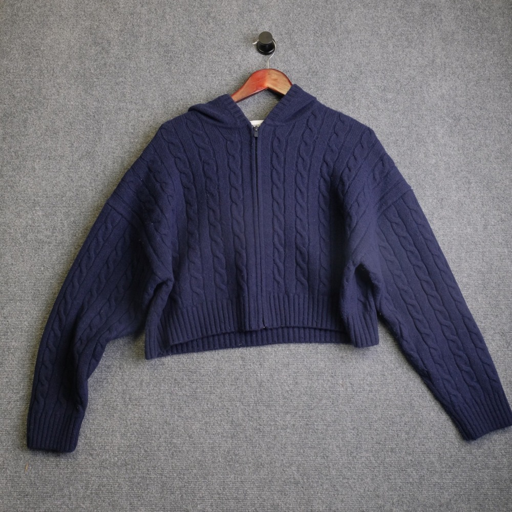 Aritzia Sunday Best Sweater Womens Large Blue Cable Knit Wool Zip Up Long Sleeve